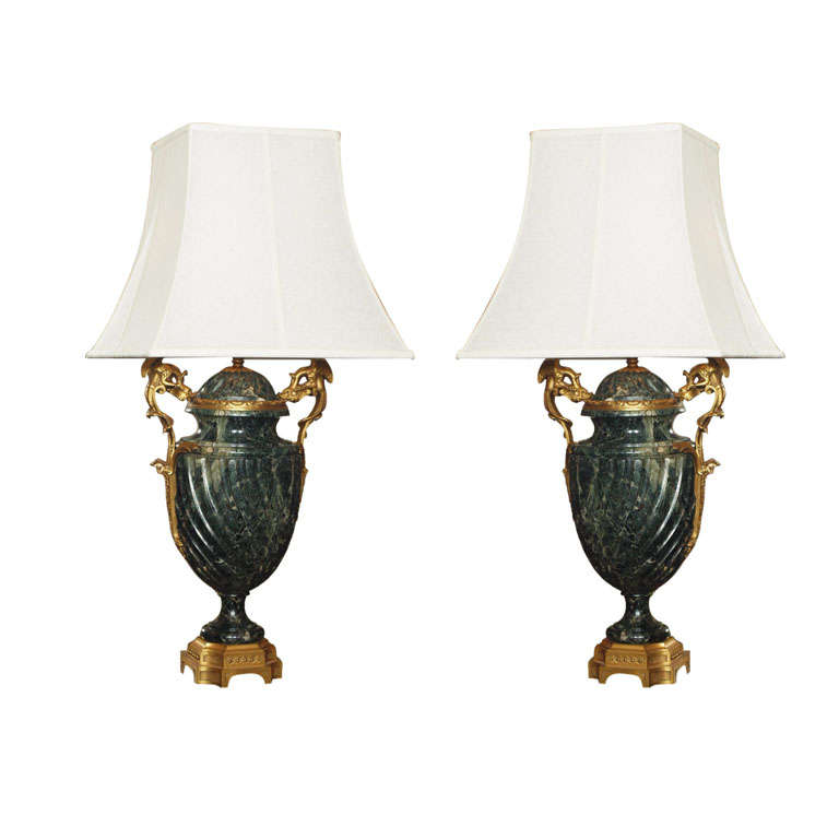 Pair of Antique French Empire Green Marble Cassoulets Mounted as Lamps 