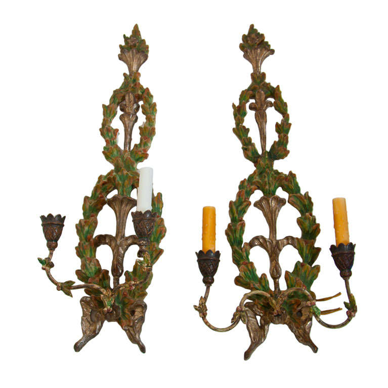 Pair Of Italian Wreath Painted And Gilded Sconces For Sale