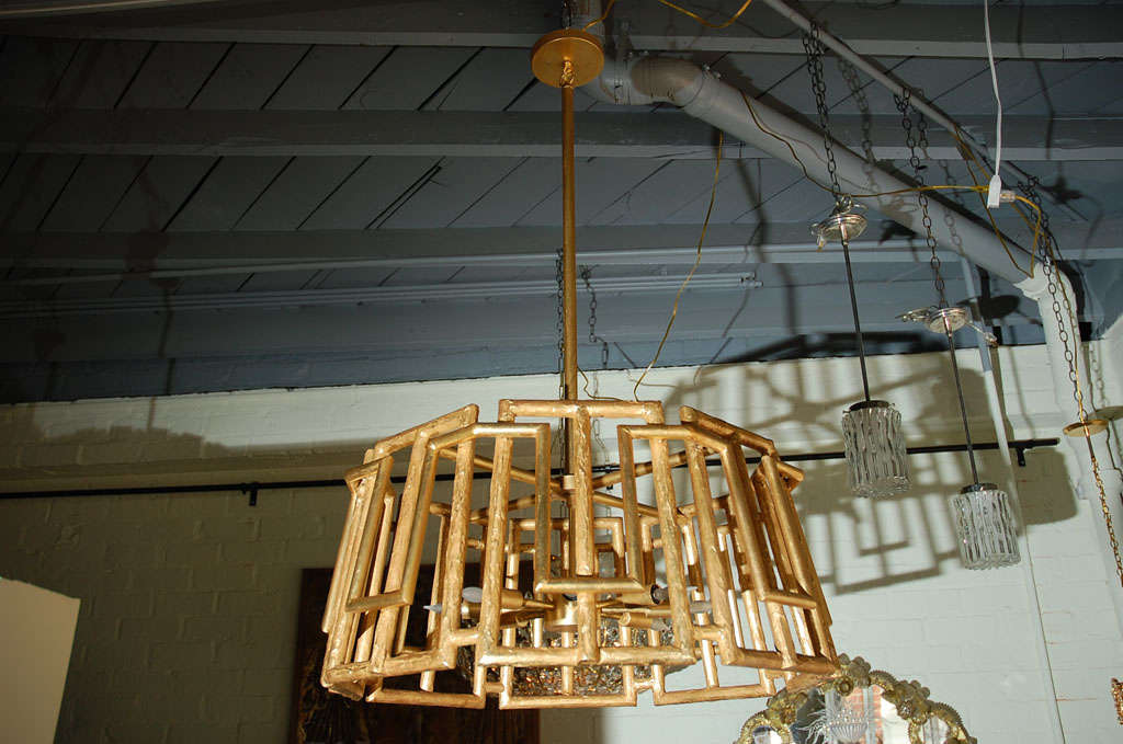 Paul Marra trellis chandelier shown in gold leaf and with eight-light sputnik cluster. Modern, organic modern style. Limited availability, by order.