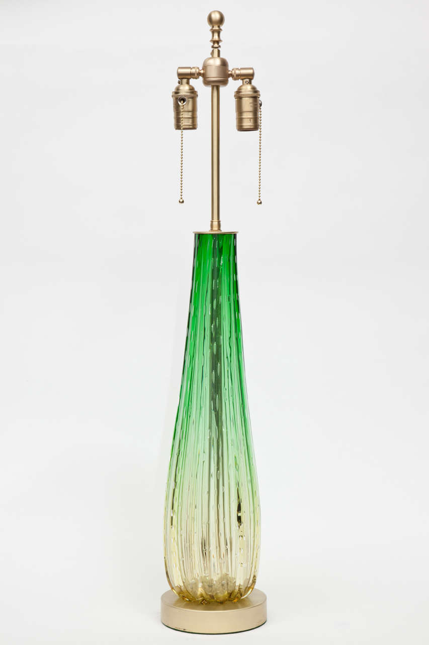 Pair of Pale Citrus and Emerald Green Murano Glass Lamps by Barovier