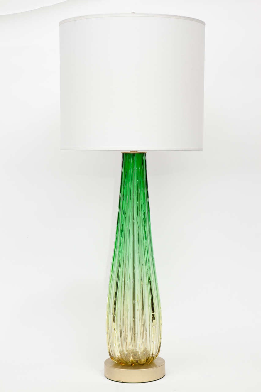 Pair of Pale Citrus and Emerald Green Murano Glass Lamps by Barovier