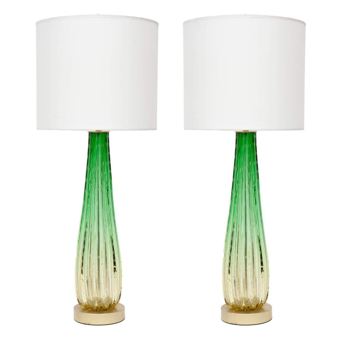 Pair of Pale Citrus and Emerald Green Murano Glass Lamps by Barovier