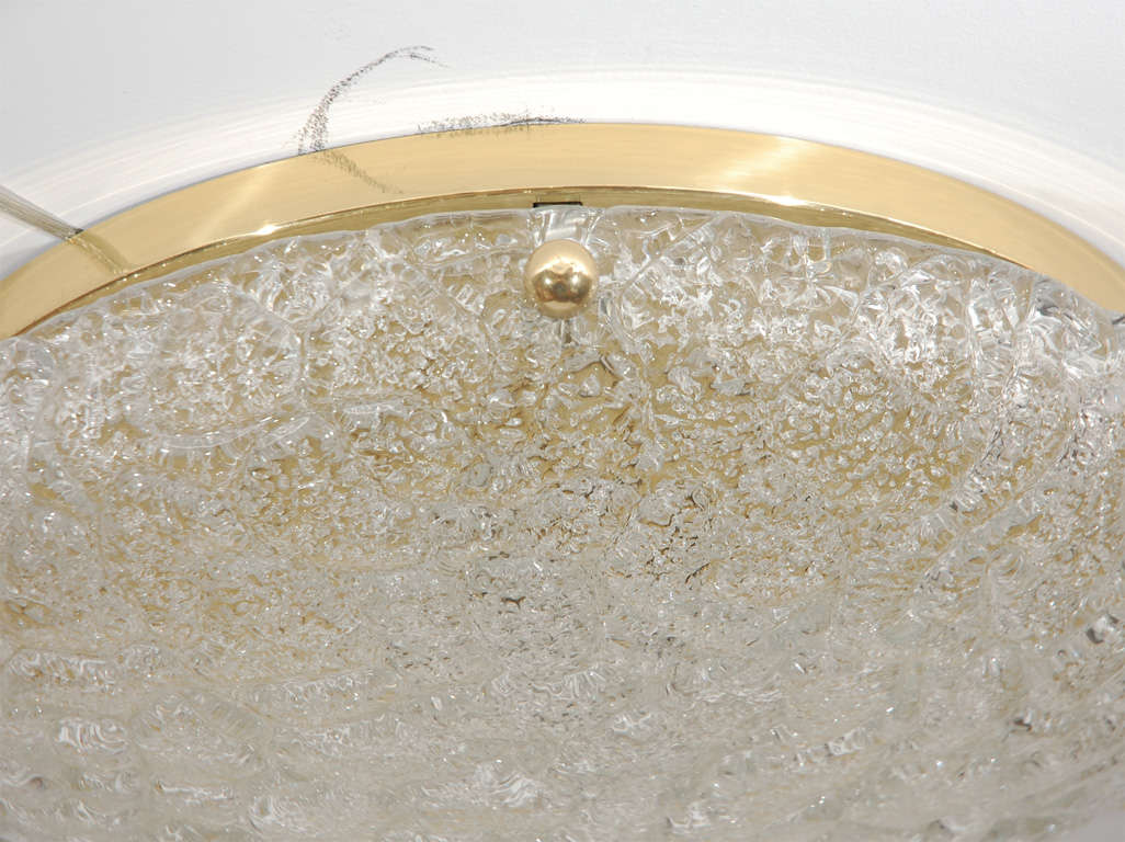 Stunning large scale glass flush mount by Hillebrand with bubble textured glass surface with rounded corners hanging from brass fixture with brass pegs. Incredible size and illuminates beautifully. Newly re-wired.