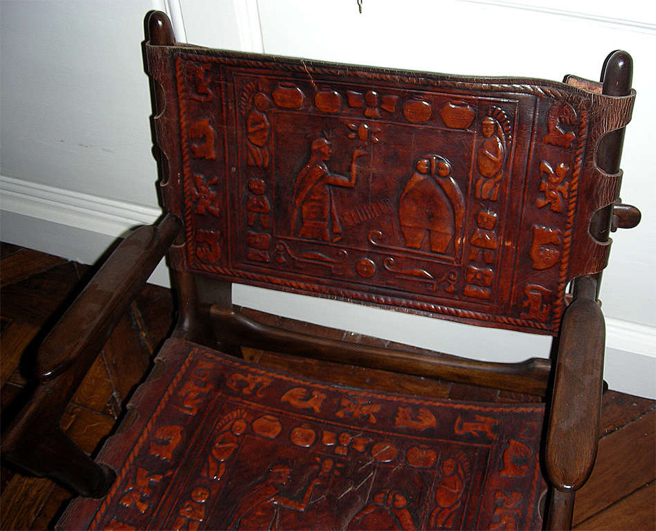 European Set of Two Scandinavian Chairs and Ottomans with Embossed Leather circa 1960 For Sale