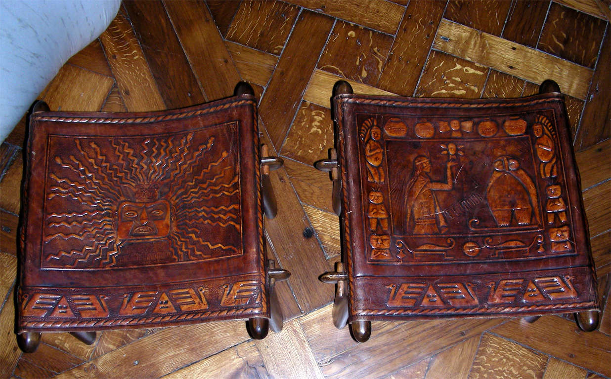 Set of Two Scandinavian Chairs and Ottomans with Embossed Leather circa 1960 For Sale 2