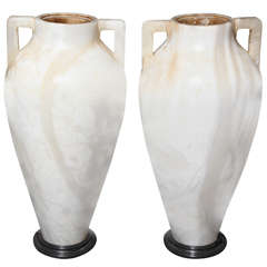 A Large Pair of French Art Deco Period Two Handled Alabaster Vases/Lamps