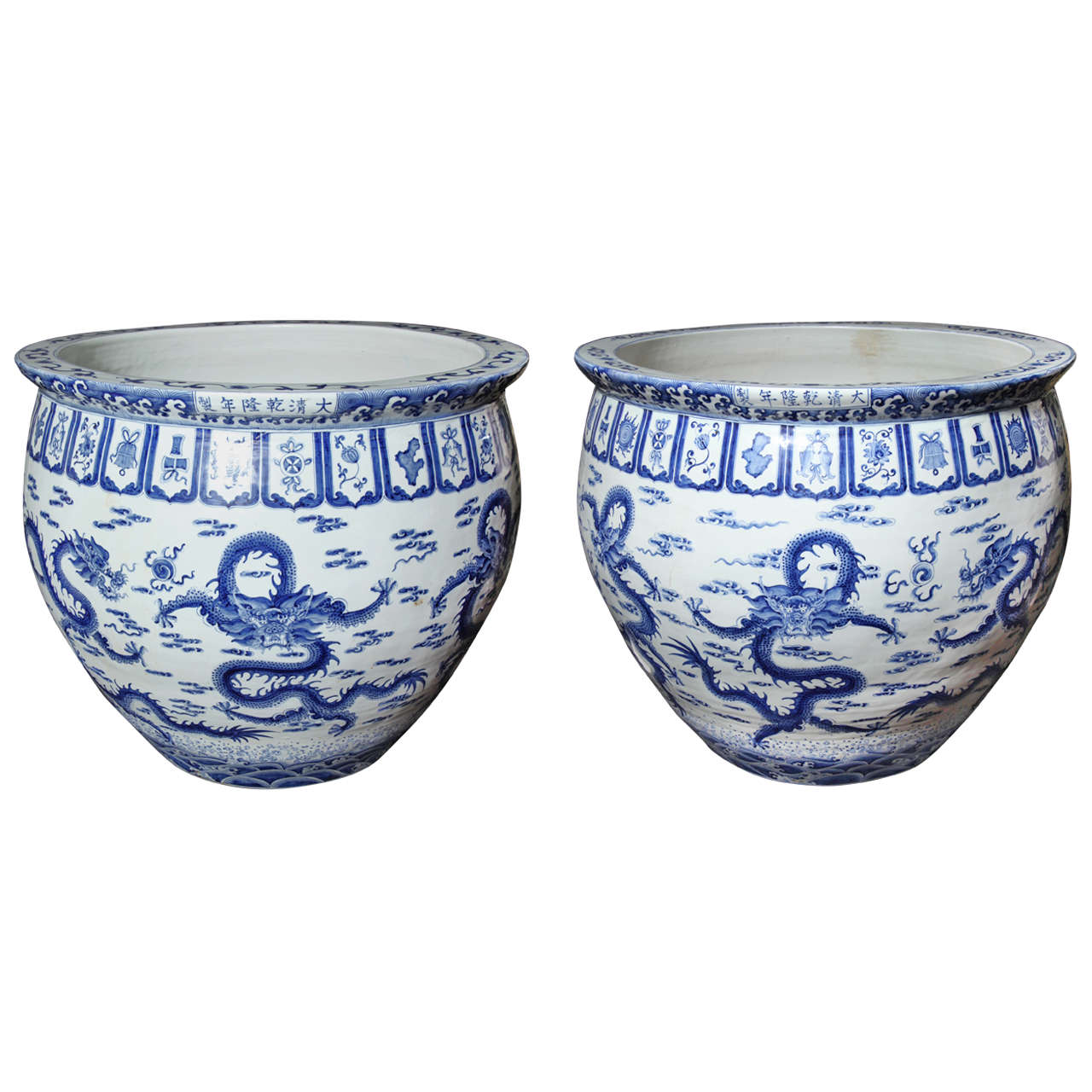 Pair of Blue and White Chinese Fishbowls/Jardinaires