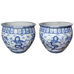 Vintage Pair of Blue and White Chinese Fishbowls/Jardinaires