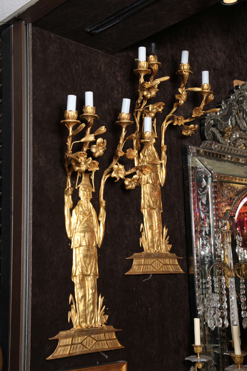 Pair of Fine French, Doré Bronze Chinoiserie Style, Four-Light Wall Appliqués