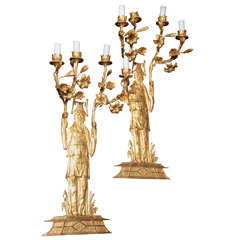 Pair Of Fine French, Dore Bronze Chinoiserie Style, Four Light Wall Appliqués 1