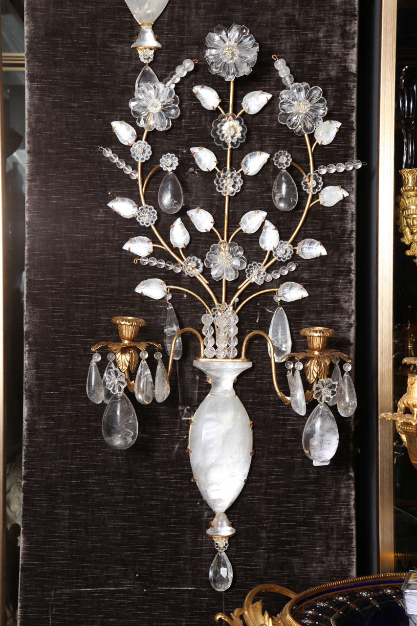 Louis XIV Pair of French Louis XVI Style Gilt Bronze and Cut Rock Crystal Sconces For Sale