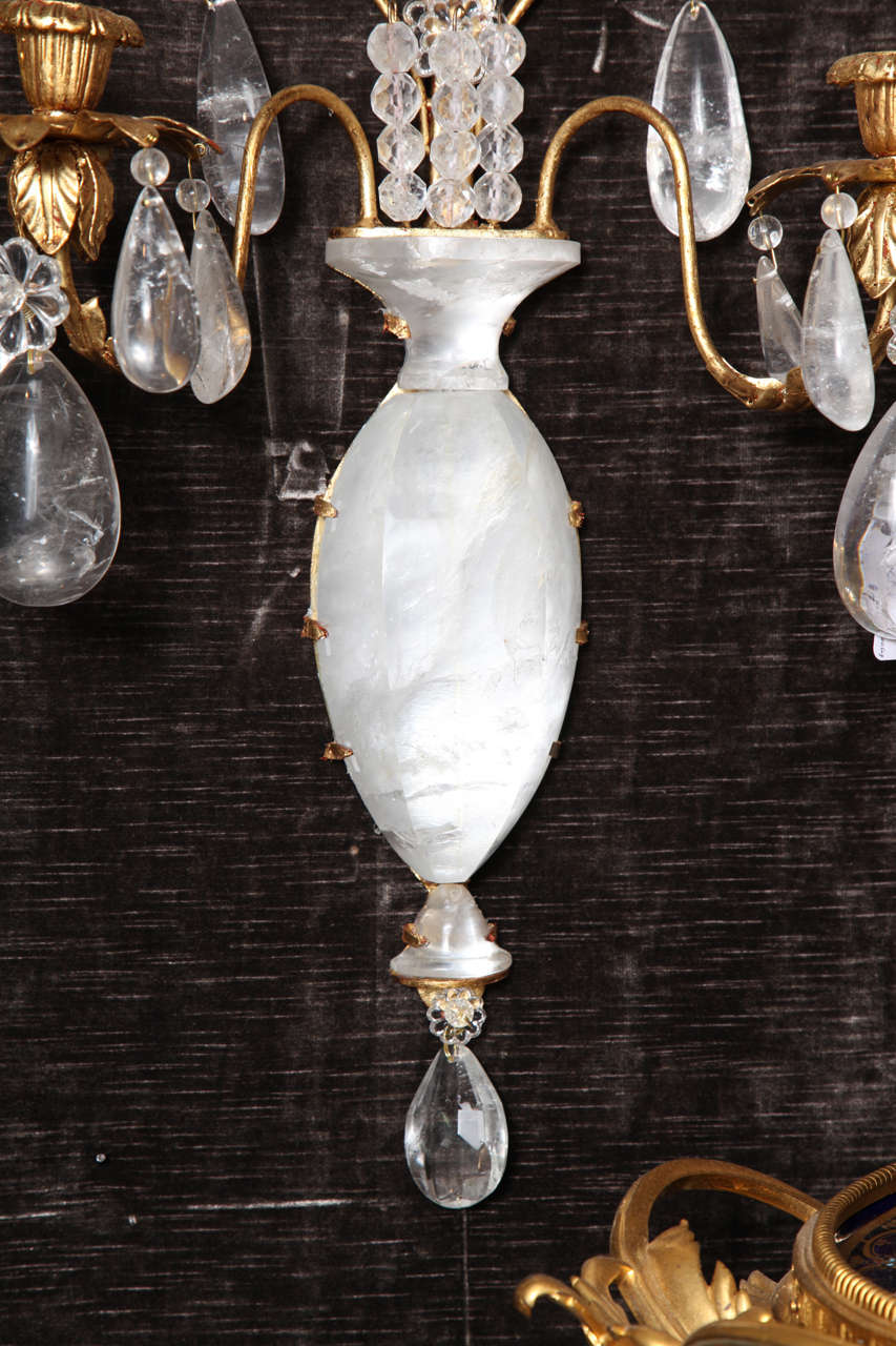 20th Century Pair of French Louis XVI Style Gilt Bronze and Cut Rock Crystal Sconces For Sale
