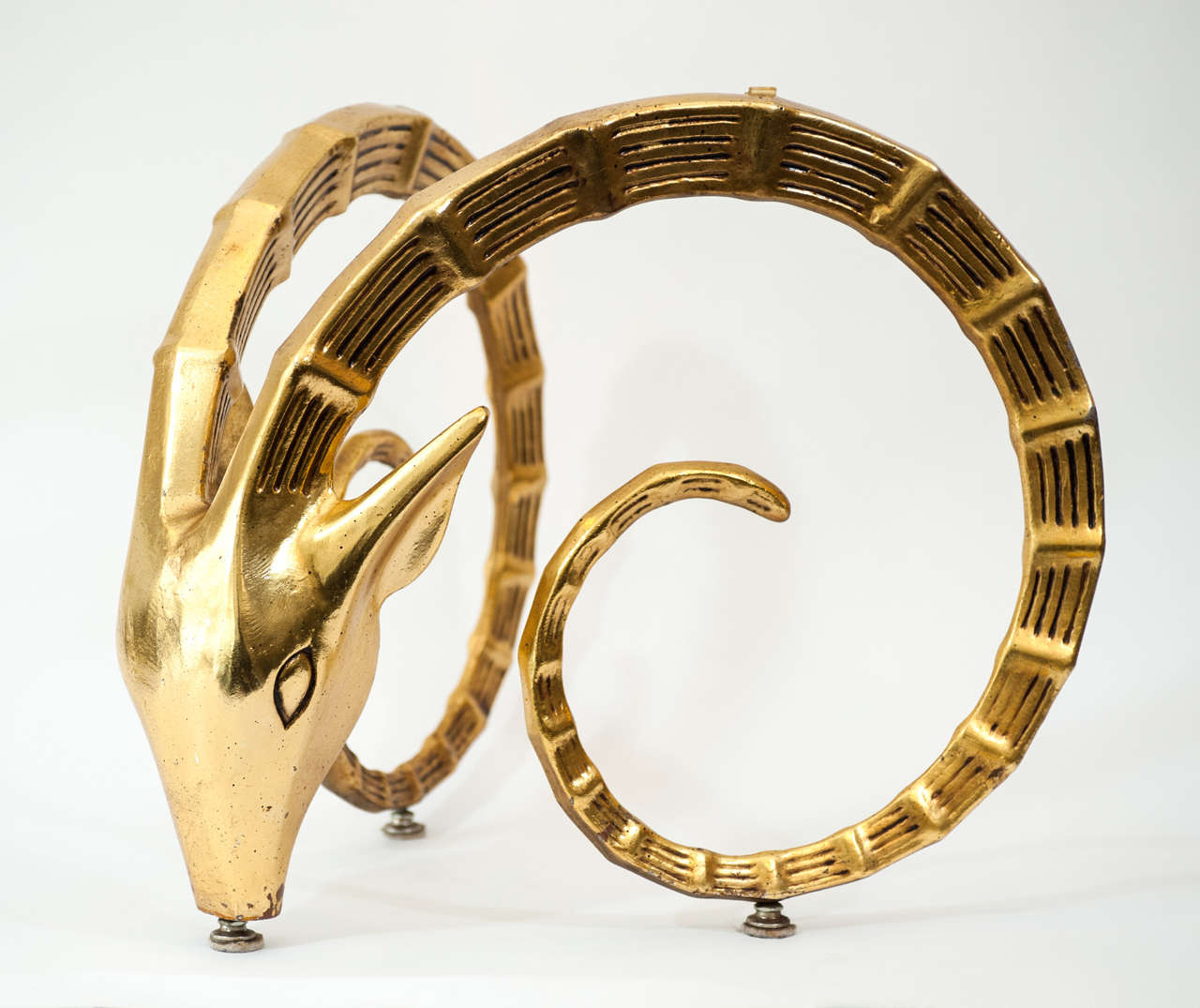 Pair of Ibex Rams Head Gilt Metal Bases. In Excellent Condition In Toronto, ON