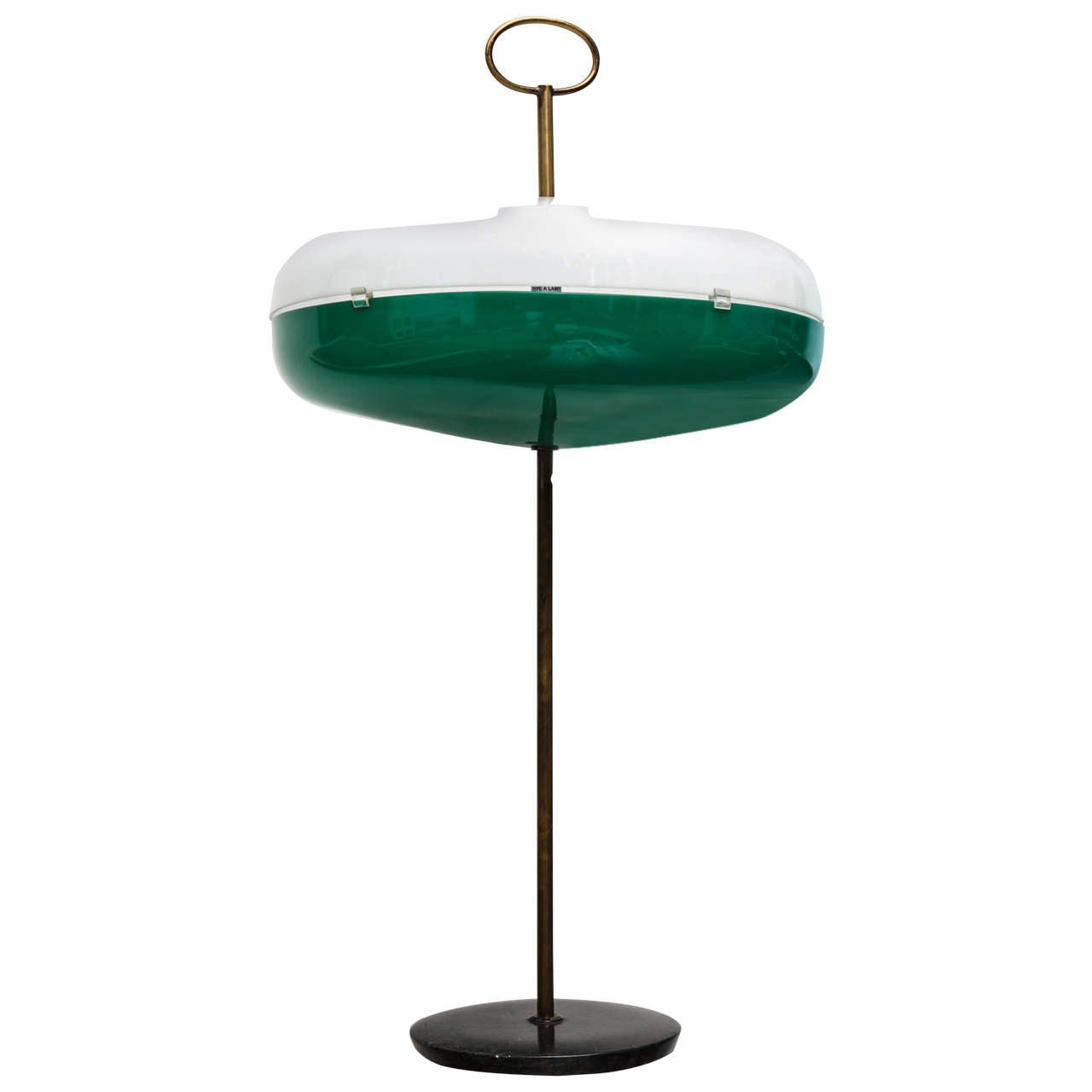 Two-piece shade of perspex in white and green, concealing three candelabra sockets.  Brass center rod and finial, and finely-shaped stone base.  A great looking lamp of great quality that utilizes typical elements of the period.