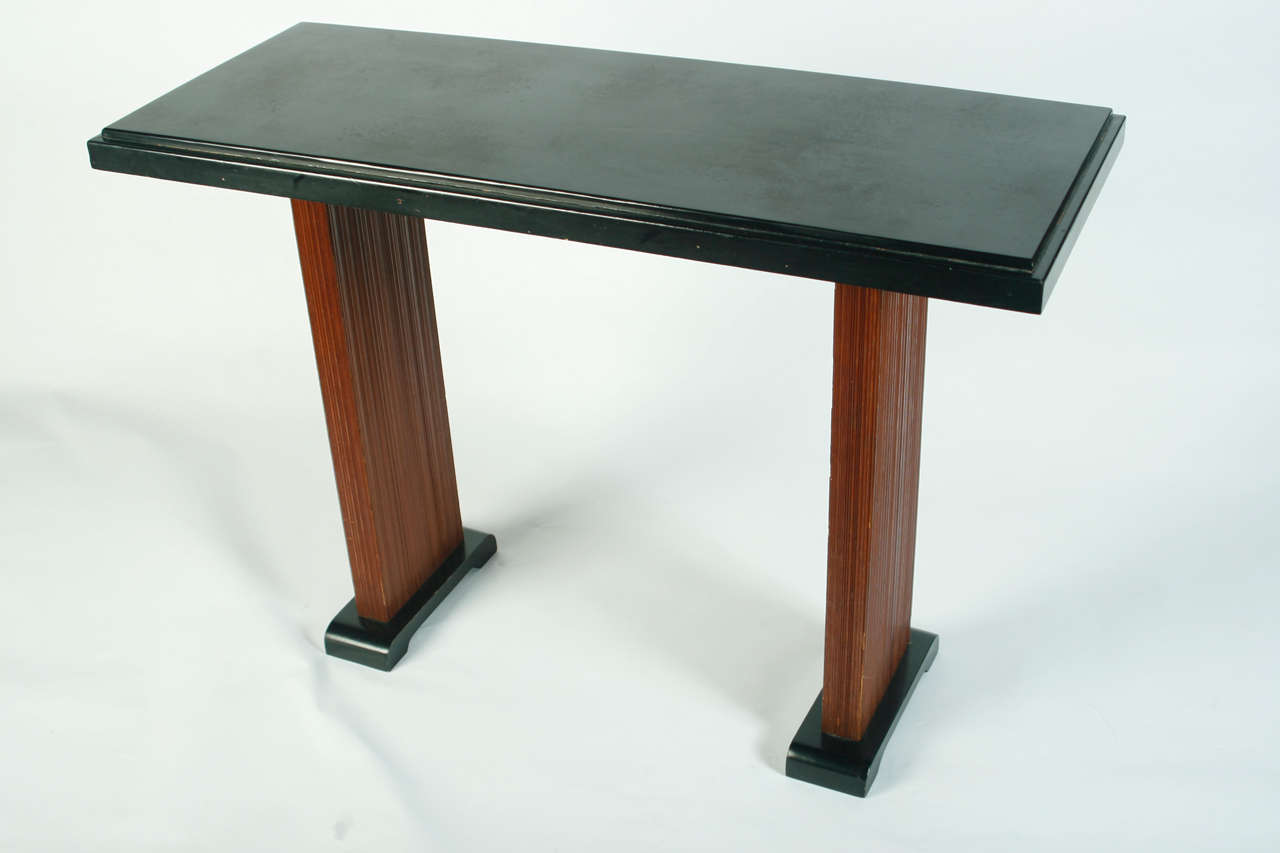 Rare Paul Frankl combed wood base console table for Brown Saltman, the quintessential transitional line bringing deco to modern.