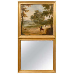 French 19th Century Trumeau Mirror with Hunting Scene and Giltwood Frame
