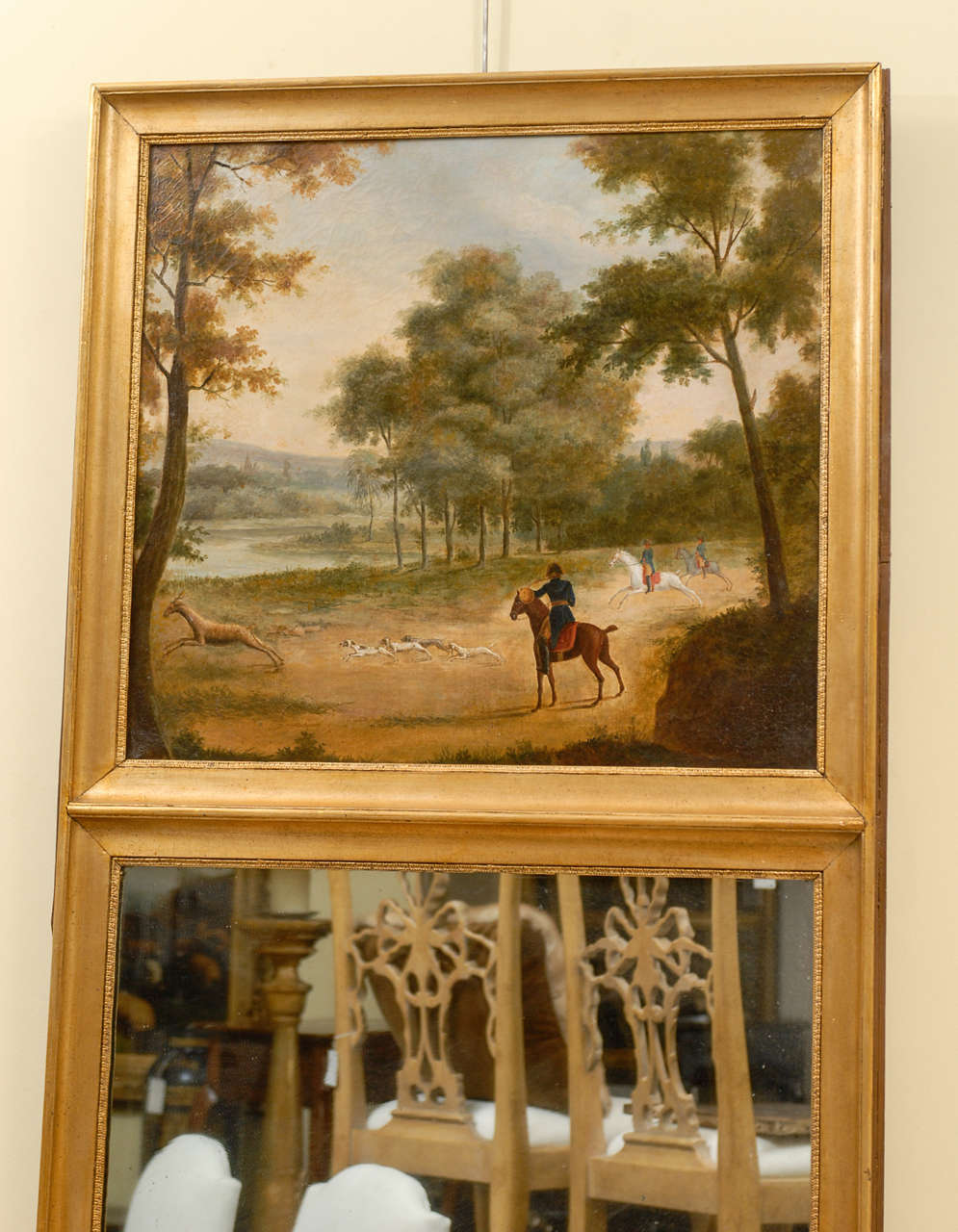 French 19th Century Trumeau Mirror with Hunting Scene and Giltwood Frame In Good Condition In Atlanta, GA