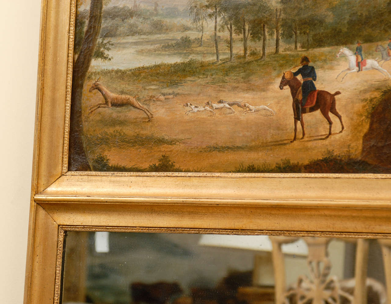 French 19th Century Trumeau Mirror with Hunting Scene and Giltwood Frame 3