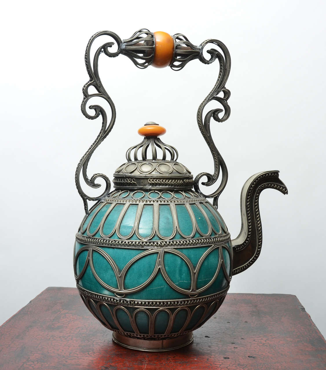 Early 20thC. Turkish Ceramic Teapot with Burnished Silver Overlay