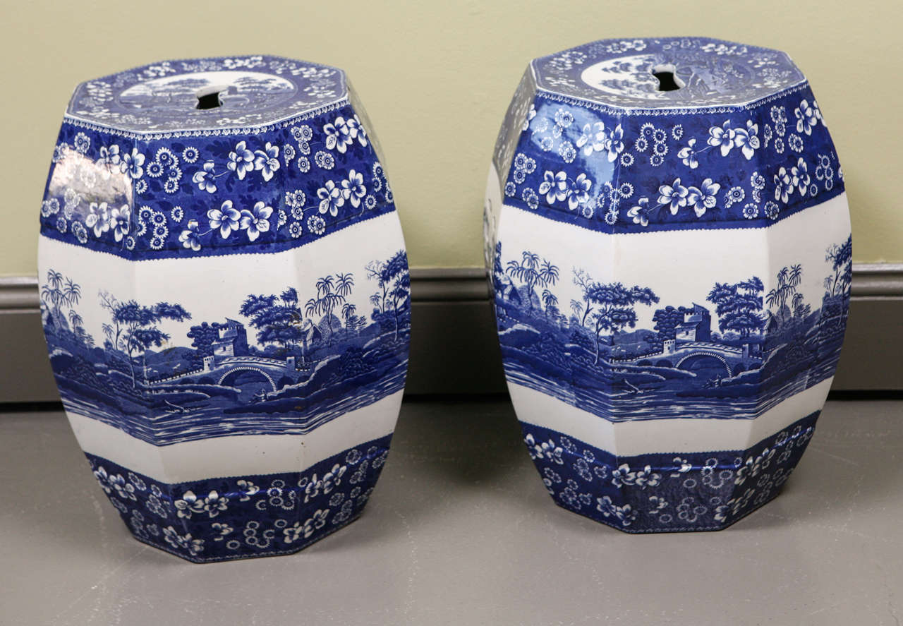 A pair of Copeland Blue and White Garden Stools