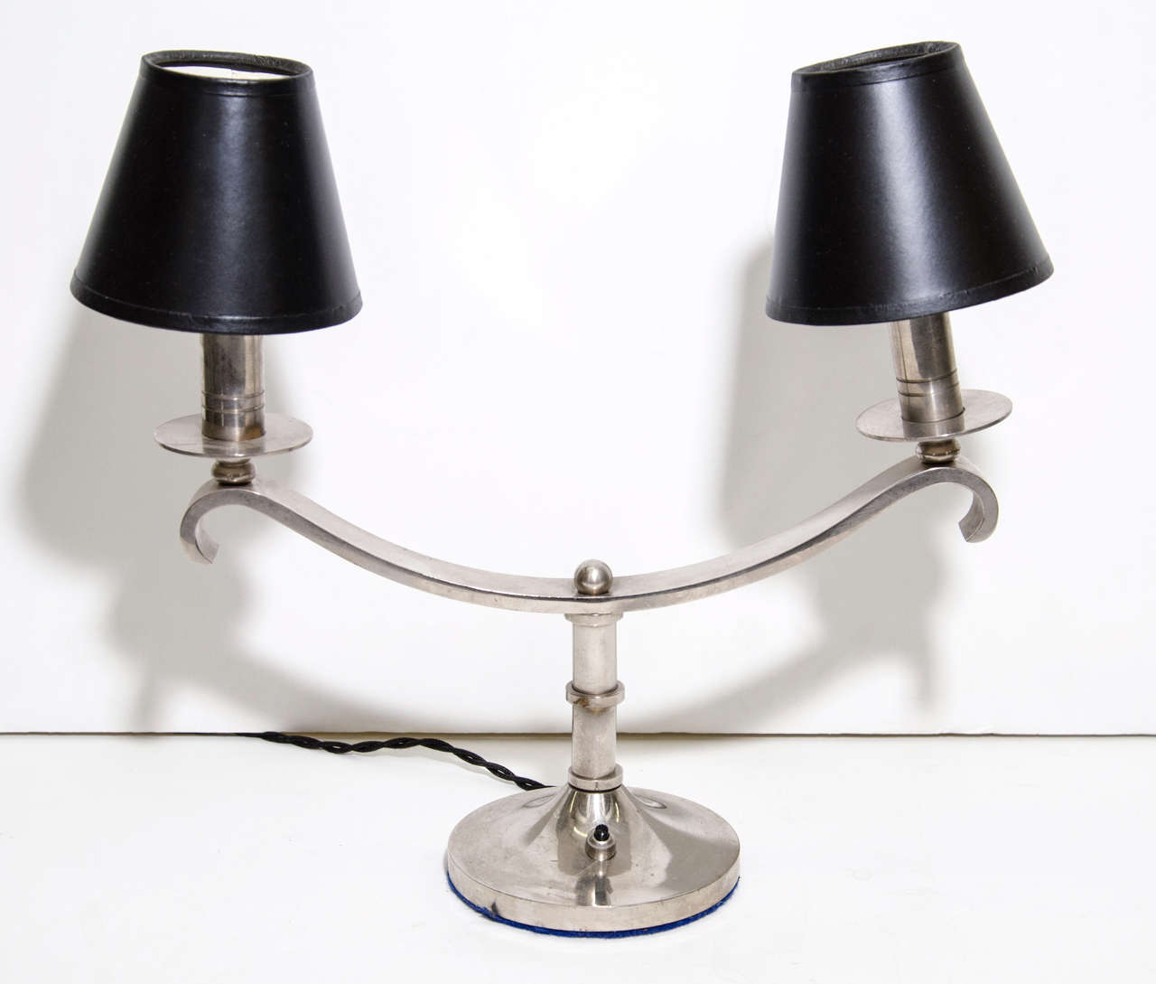 French nickel plate double candelabra mantle or table lights, circa 1930. Rewired with new silk covered cord and new black shades.
