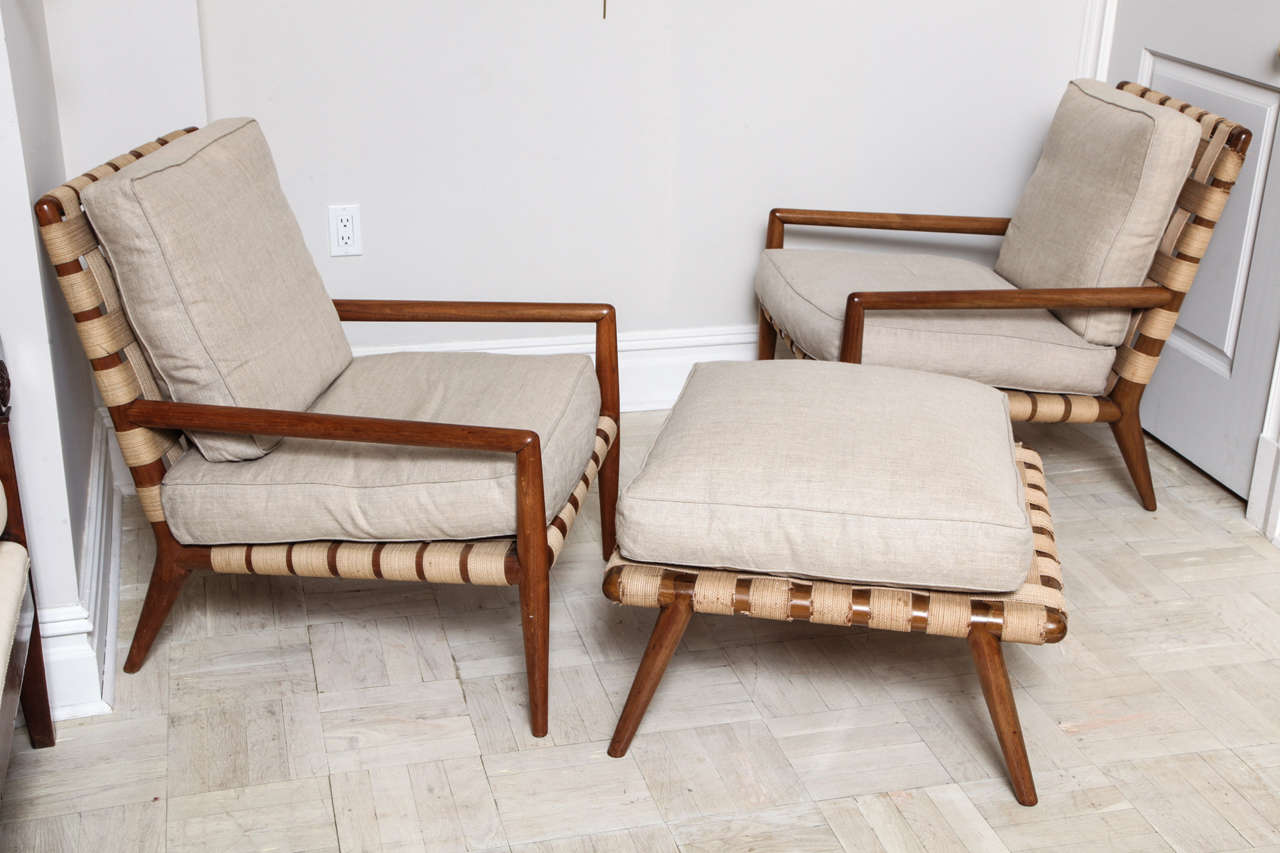 Pair of 20th Century Maple Wood  Armchairs and Ottoman designed by T H Robsjohn-Gibbings with Canvas Strap upholstery.