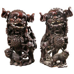 Pair 19th century Carved Wood Chinese FooDogs 12