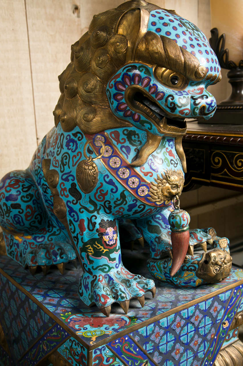 Large Pair of Chinese Cloissone Foo Dogs In Excellent Condition In Woodbury, CT