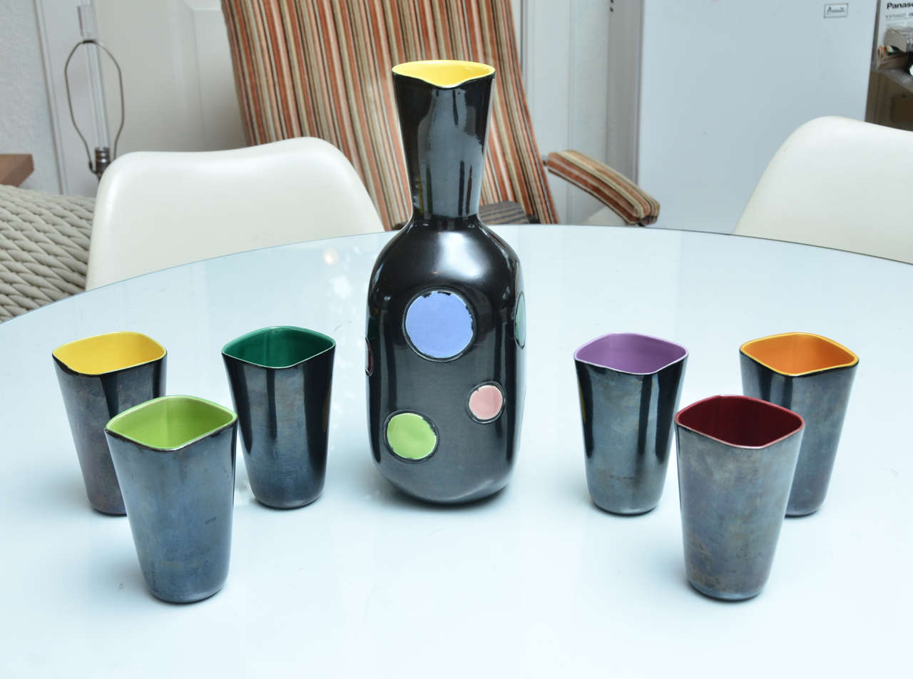 Ceramic Pitcher & 6 Cups by Elchinger, France