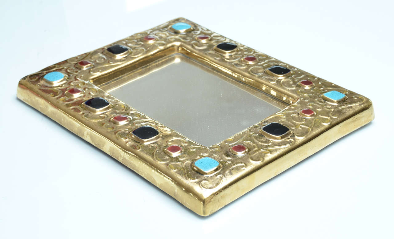 Ceramic rectangular decorative mirror by Francoise Lembo, Vallauris, France. Signed on reverse side.