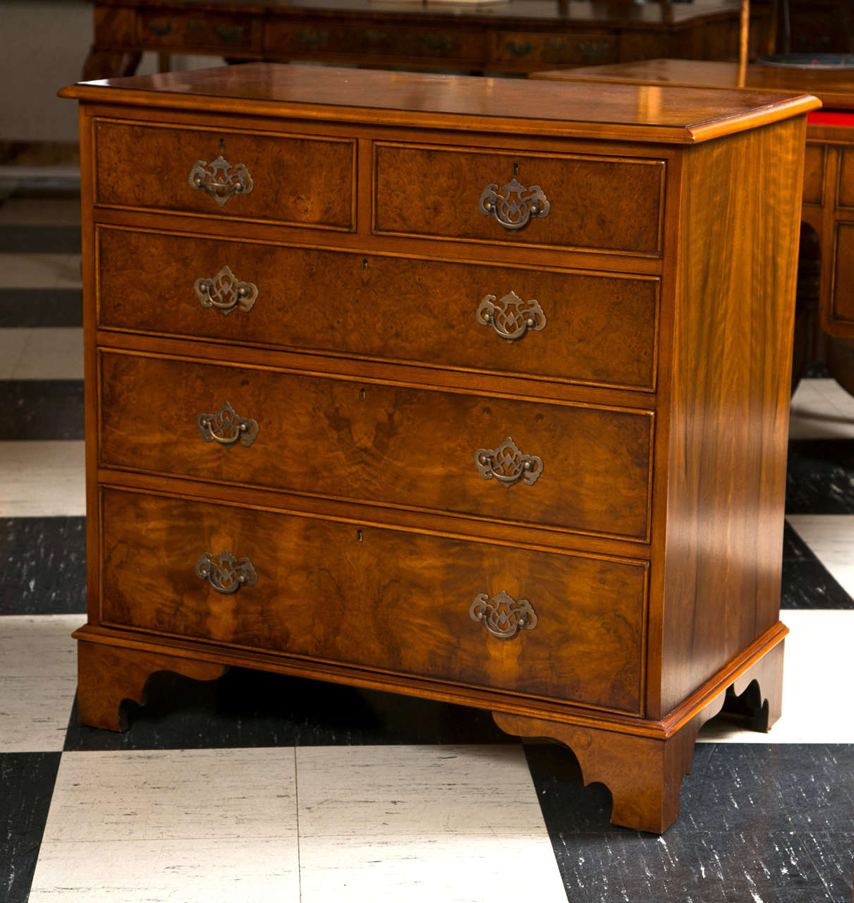 Custom English Walnut Five-Drawer Chest on Bracket Feet In New Condition For Sale In Woodbury, CT