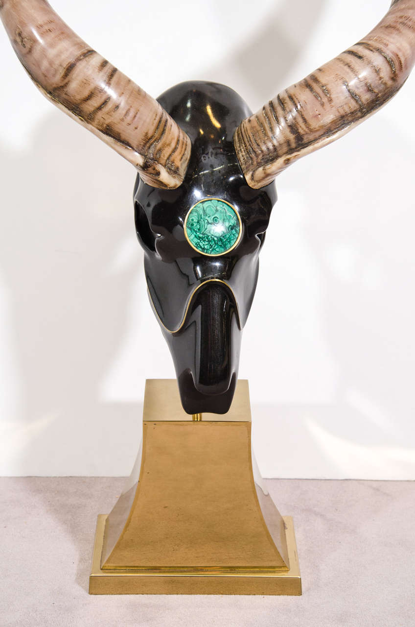 Rustic Ibex Skull Sculpture with Horn and Malachite