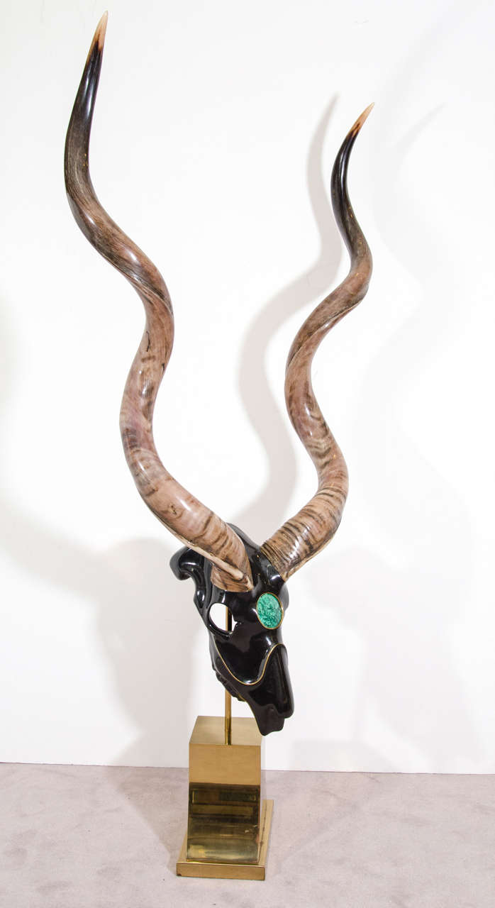 Ibex Skull Sculpture with Horn and Malachite 1