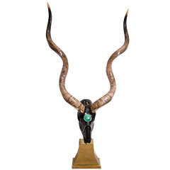 Vintage Ibex Skull Sculpture with Horn and Malachite