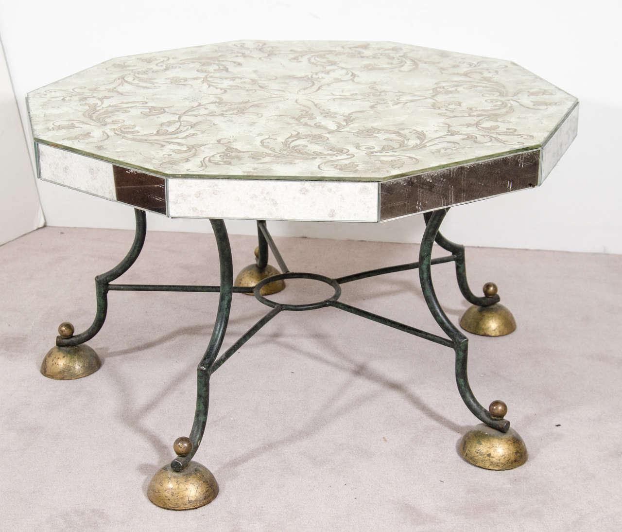 Art Deco Mirrored Coffee Table with Leaf Motif Attributed to Gilbert Poillerat