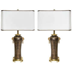 Pair of Mid Century Brass and Black Speckled Lamps