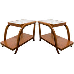 Pair of Mid Century Two-Tier Wood and Glass Side Tables