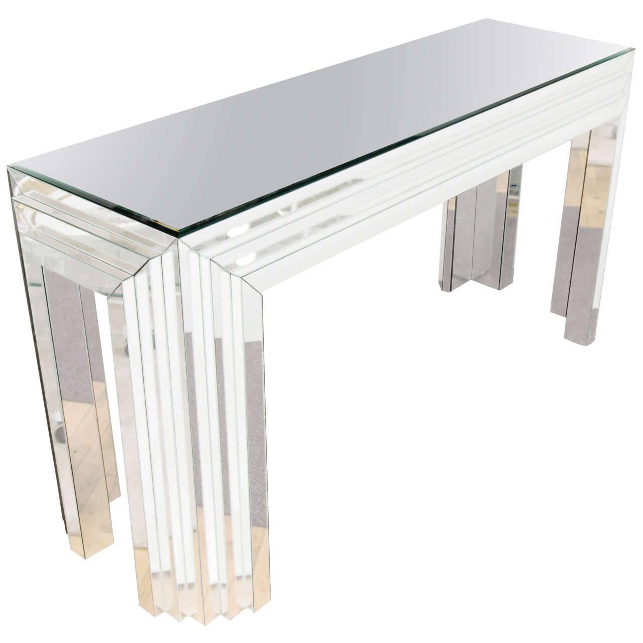 Midcentury Mirrored Glass Console Table with Mirrored Surface in AS IS