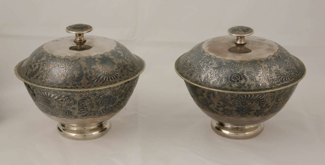 Pair of Caucasian Silver and Niello Covered Bowls 1