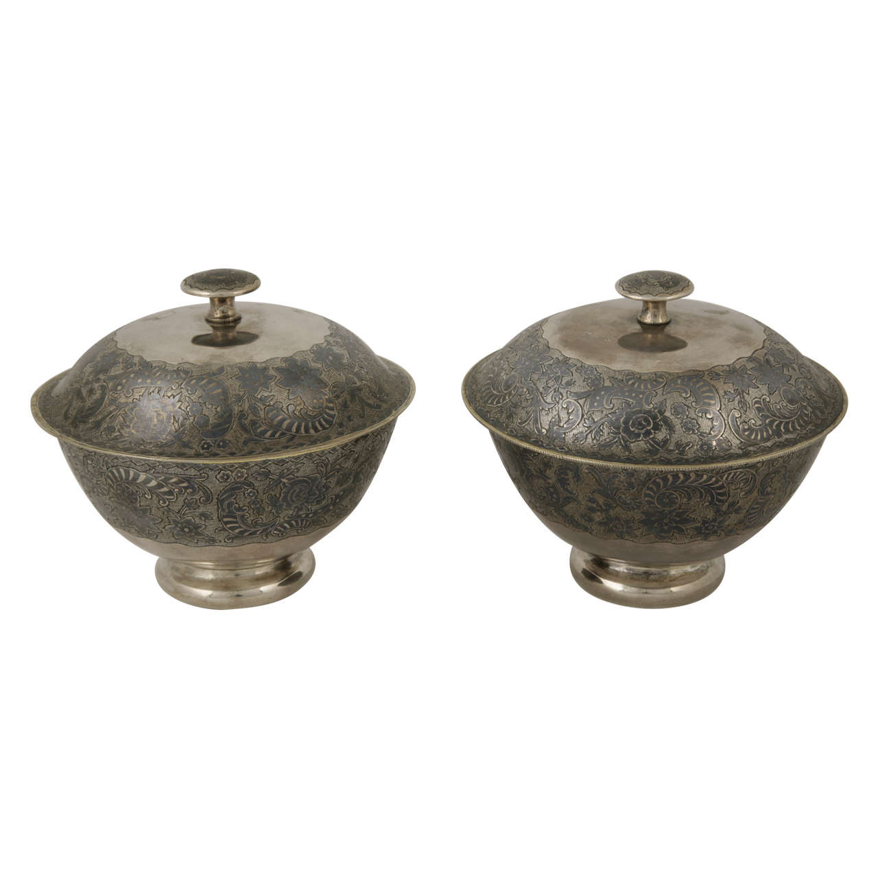 Pair of Caucasian Silver and Niello Covered Bowls