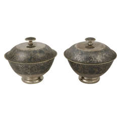 Pair of Caucasian Silver and Niello Covered Bowls