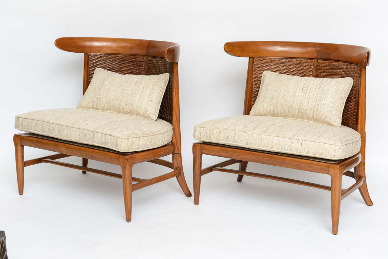 Our favorite swish pair of Erwin-Lambeth slipper chairs are long, low, and perfectly lovely for languid lounging. Bleached walnut with caned backs and new raw silk upholstery.
