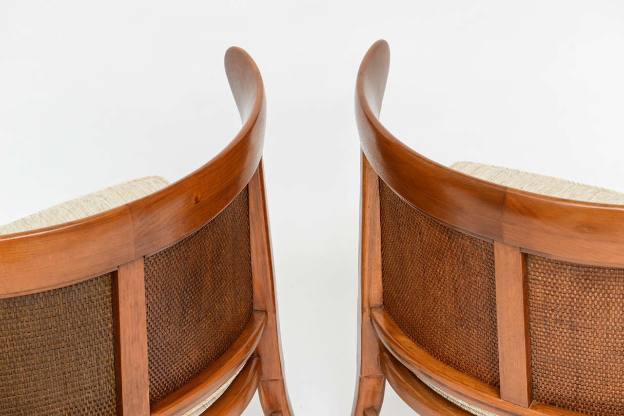 Walnut Pair of Silk Upholstered Erwin-Lambeth Slipper Chairs