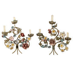 Antique Pair of Italian Floral Tole Wall Sconces