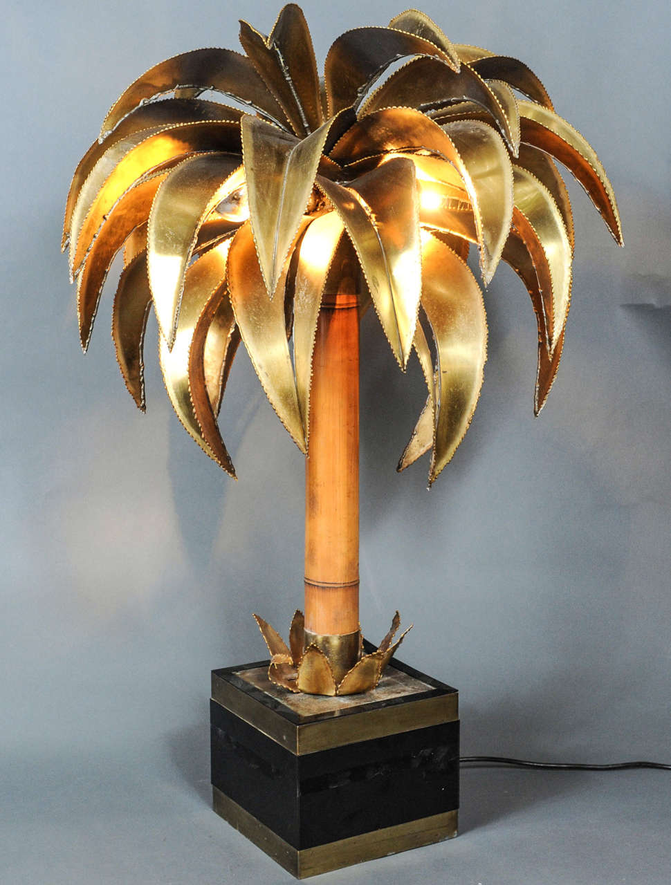 Brutalist pair of Maison Jansen Palm tree  lamps