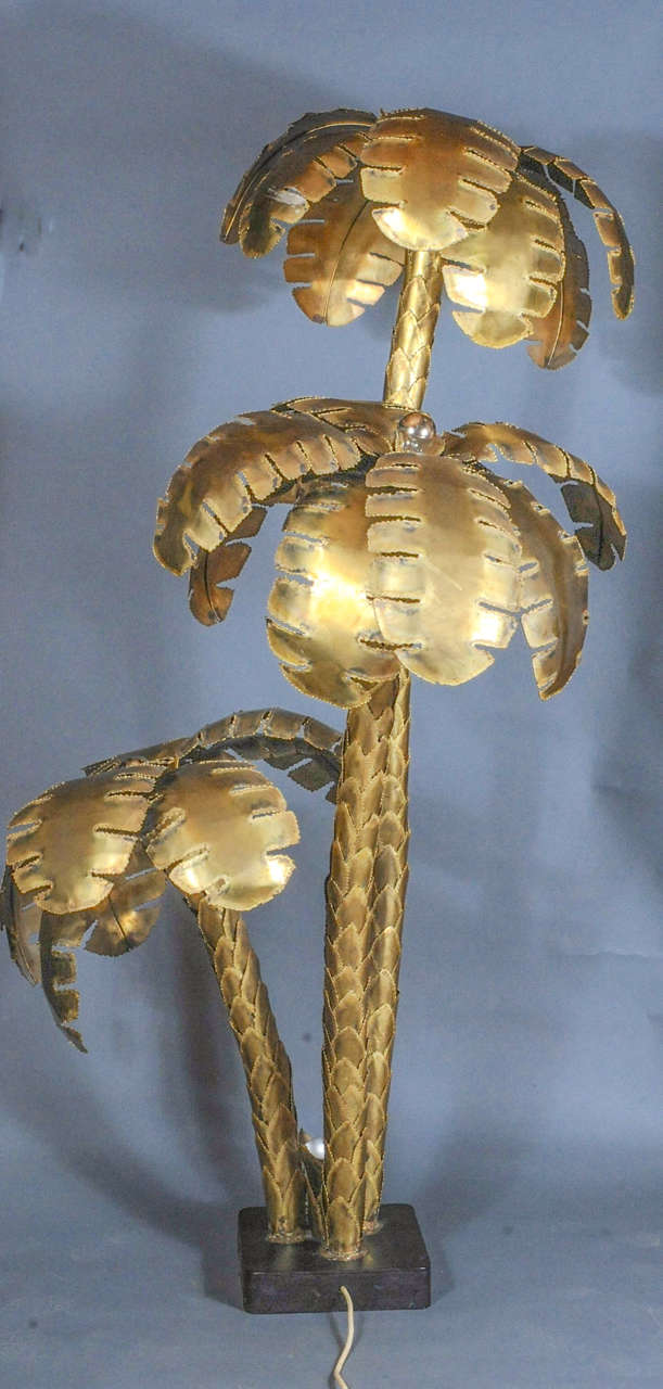 Brutalist huge 6 feet tall copper 3-trunk Maison Jansen palm tree floorlamp