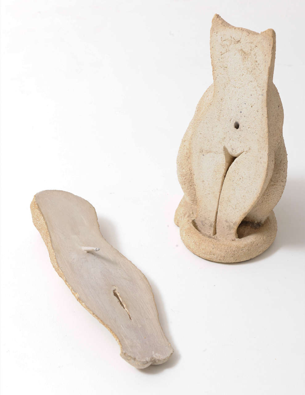 A raw ceramic specially designed cat, consisting of two parts, one can take off and shows a hidden female body, the secrets of the 1970s designed by Karel made in Belgium.