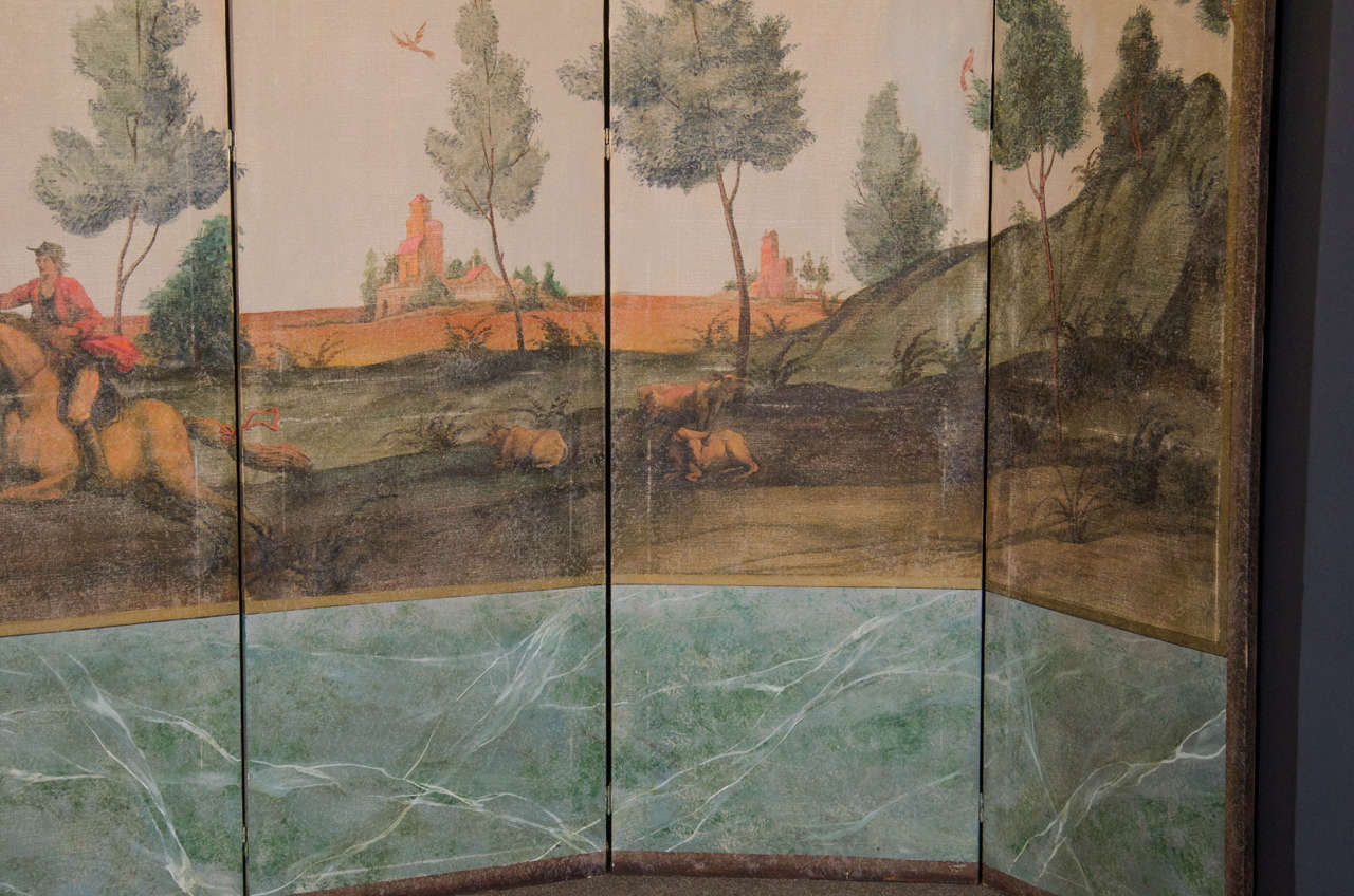 Canvas 20th Century Hand-Painted Decorative, Six-Panel Screen