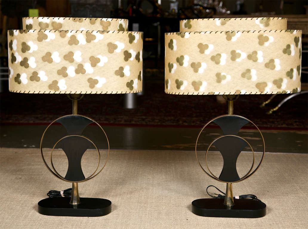 Pair of Ebonized Wood and Original Mica Shade Lamps