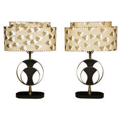 Pair of Ebonized Wood and Original Mica Shade Lamps
